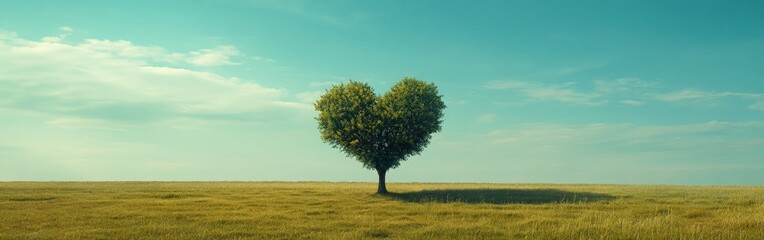 Heart-shaped Tree in Green Meadow with Blue Sky Background