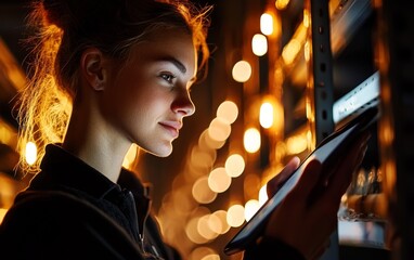 Worker using digital tablet to monitor stock replenishment on high racks, optimized routing system, logistics concept