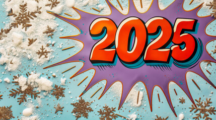 Festive 2025 celebration with snowflakes and vibrant comic art design