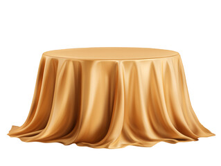 a round table covered in a gold cloth