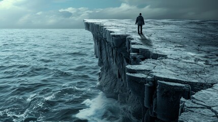 Businessman Standing on Cliff Edge Overlooking Ocean, Symbolizing Risk Management and Strategic Decision Making