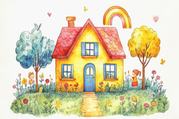 Whimsical dream house illustration for children's storybook design