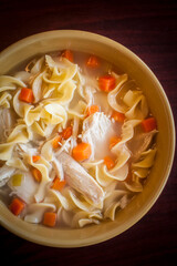 Top down photo of chicken noodle soup