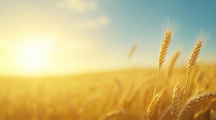 Golden wheat field with clear sky area for overlay text, nature template, bountiful harvest
