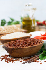 products for Japanese cuisine, rice, ginger and spices on white background, closeup