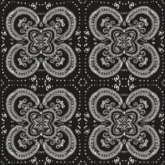 Intricate monochrome paisley bandana pattern with floral and swirl motifs.