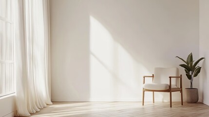 Fototapeta premium Modern light-filtering curtain in a soft ivory tone, hanging from sleek eyelet rings, centered on bright white backdrop.