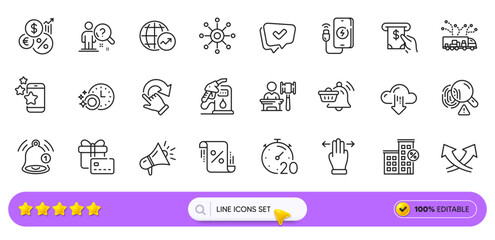 Best app, Phone charging and Gift card line icons for web app. Pack of Atm service, Auction, Multitasking gesture pictogram icons. Approved, World statistics, Truck delivery signs. Search bar. Vector