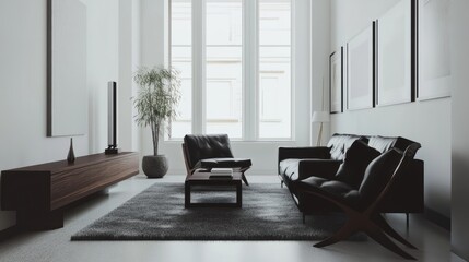Fototapeta premium Modern Living Room Interior with Black Leather Furniture and Grey Rug