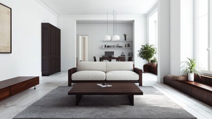 Modern Living Room with White Couch, Wooden Coffee Table, and Gray Rug