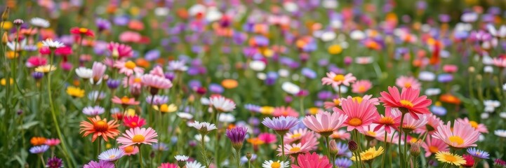 Vibrant cosmos flowers creating a stunning sea of color in a vast field, garden, summer