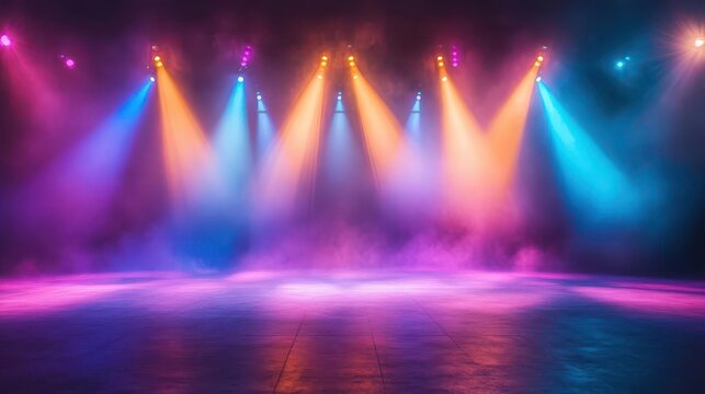 A smoky nightclub scene with colorful spotlights moving rhythmically across the space