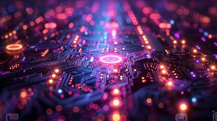 Obraz premium Futuristic Digital Circuit Board with Glowing Lights and Neon Colors in a High-Tech Background