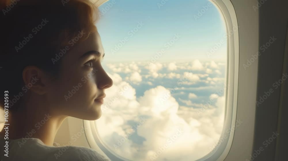 Aufkleber passenger observing cloudscape from airplane window during a flight, enjoying the aerial view of bea