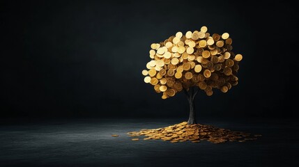 Golden Coins Tree, visualization of financial growth, investment strategies, wealth creation, symbolizing prosperity and asset accumulation