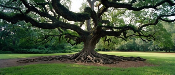 A sprawling ancient tree with thick, twisted branches and roots, stands majestically in a verdant park, embodying strength and beauty.