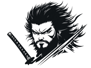 a black and white image of a man with a beard and long hair holding a sword