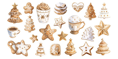 Set of isolated cute gingerbreads in vivid hand painted watercolor painting on a transparent background for ornamental Christmas and New Year party decoration elements. Gold color tone.