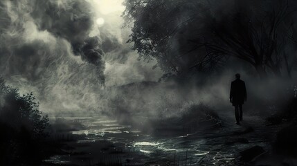 Mysterious Figure Walking Through a Foggy Forest Path