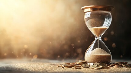 Time and Wealth, An hourglass filled with coins and sand symbolizing the urgency of investments and the pursuit of financial growth