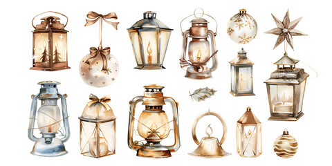 Set of isolated cute bells in vivid hand painted watercolor painting on a transparent background for ornamental Christmas and New Year party decoration elements. Gold color tone.