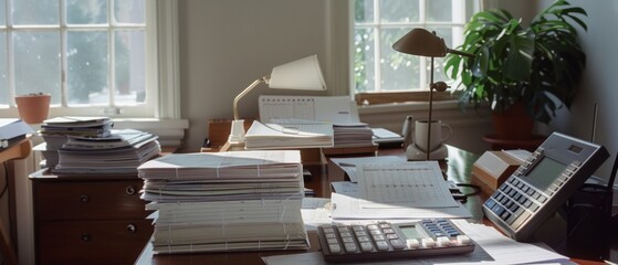 Light fills a neat office with stacks of papers and calculators; plants by the window hint at a balance between work and nature.