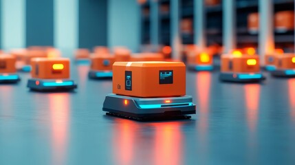 Distribution center with automated robots moving goods, future of logistics