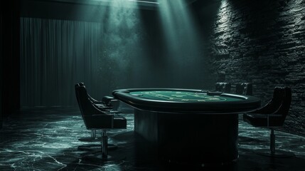 dark atmospheric room stylish poker table luxurious chairs stands ready high stakes games illuminated mysterious beams light.
