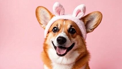 Playful Corgi with Bunny Hat and Charming Smile