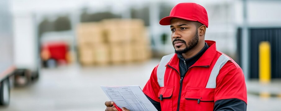 Driver checking shipment log, focused on timely delivery, logistics flow