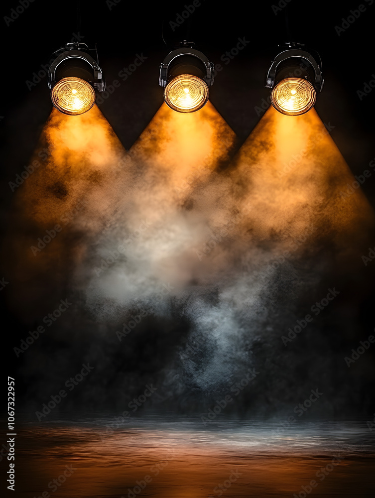 Wall mural An image of three stage spotlights with smoke and haze on a black background. The lights are pointed down and create a dramatic effect