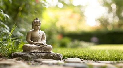 Tranquil Garden Oasis with Buddha Statue, Embracing Feng Shui and Spiritual Serenity