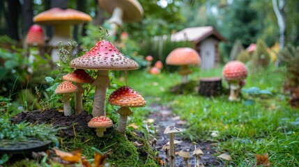 A whimsical mushroom garden with a variety of shapes, sizes, and colors, creating a fantastical and enchanting landscape