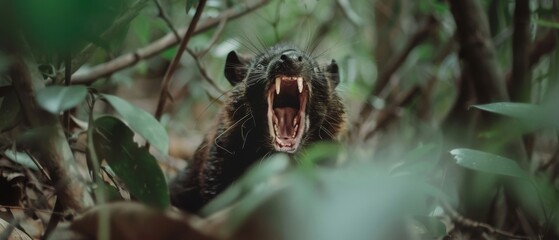 Obraz premium In dense foliage, a small creature bares its teeth in a fierce, defensive stance, highlighting the wild beauty of its natural habitat.