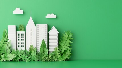 A green-themed cityscape featuring white paper buildings surrounded by lush greenery and clouds.
