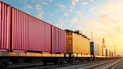 Obraz premium Freight containers being loaded onto train, seamless logistics