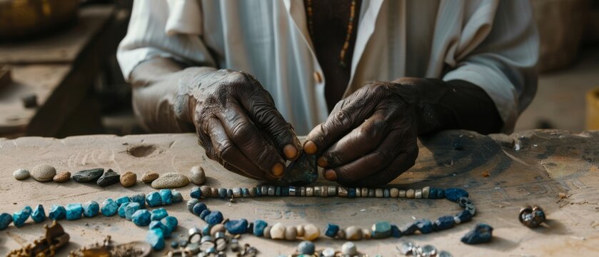 Wrinkled hands meticulously sort beads into an intricate pattern, each piece a testament to the artisan's skill and the timeless art of jewelry making.