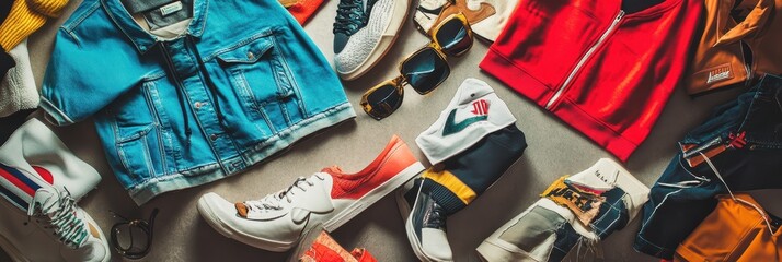 Classic urban street fashion setup, with retro hip hop clothing and accessories, perfect for a bold and nostalgic design backdrop