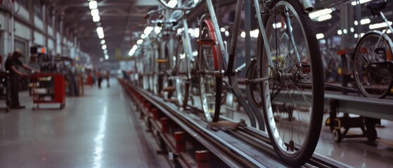Obraz premium A factory floor filled with bicycles on an assembly line highlights industrial precision, efficiency, and the art of mass production.
