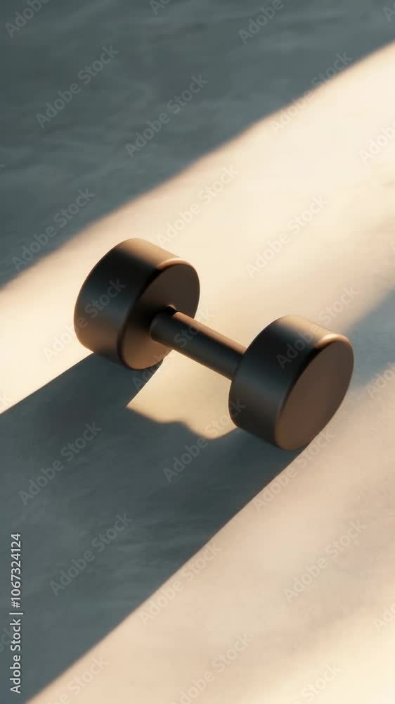 Poster single black dumbbell casting a long shadow on a marble floor in sunlight, suggesting concepts of fi