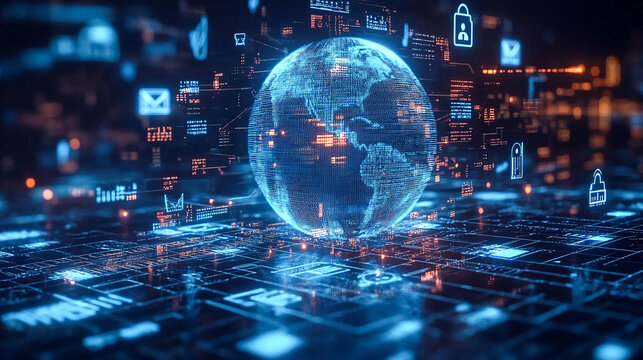 futuristic style of digital globe surrounded by glowing data patterns and cyber symbols technology cyber connectivity for 3d abstract background in technology network concept - Powered by Adobe