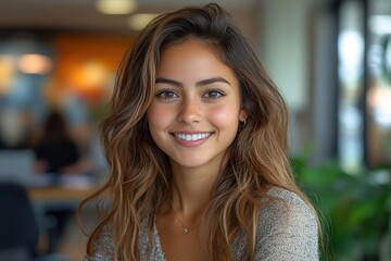 Obraz premium portrait of an enthusiastic young hispanic woman working diligently on her computer in a bright modern office radiating confidence and collaboration with colleagues