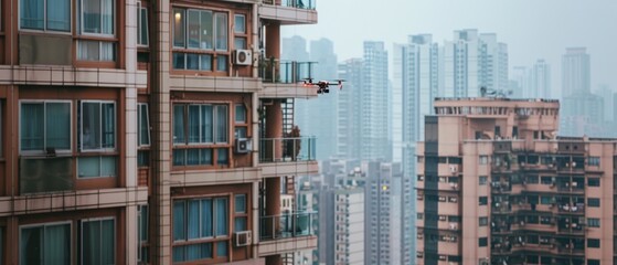 Fototapeta premium A solitary drone glides effortlessly beside a tall building against a sprawling urban backdrop.