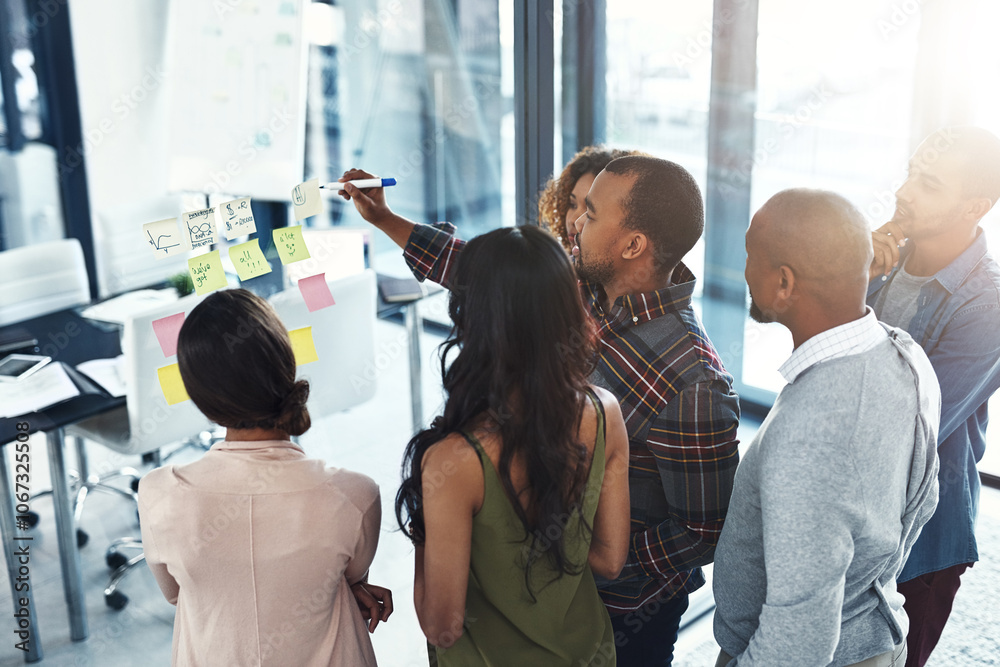Poster Formula, glass and writing with business people in office for coaching, meeting or planning. Calculation, seminar or workshop with employee team at work with sticky notes on window for development