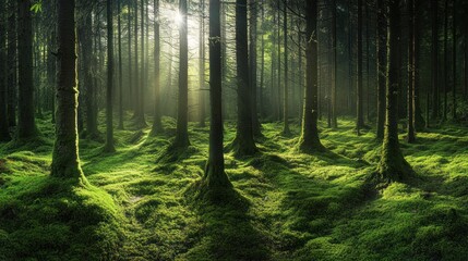 Obraz premium A serene forest scene with sunlight filtering through tall trees onto a mossy ground.