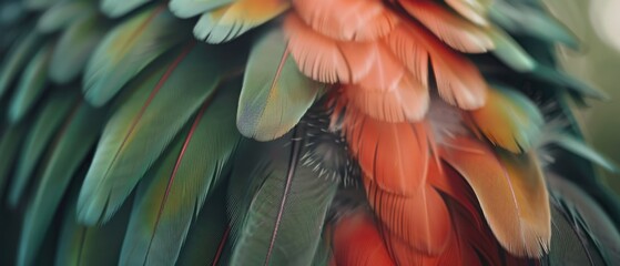 Fototapeta premium Vivid feathers in a close-up display a palette of bright colors, layered like a masterpiece—a work of art in nature's gallery, illustrating elegance and beauty.