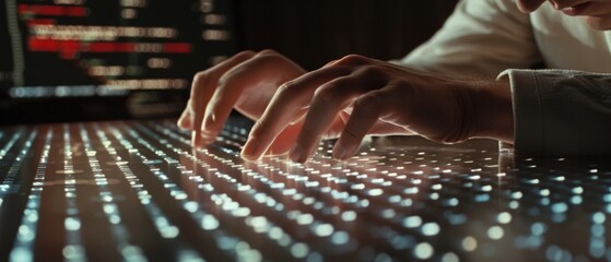 Hands gracefully poised over a glowing digital surface in a dimly lit room, embodying the synergy of technology and human interaction.