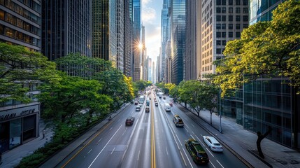 City skyline with modern buildings and busy road during sunset.