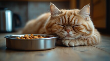 A ginger cat is napping next to a bowl of cat food on a wooden floor.