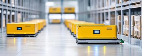 High-tech warehouse with automated robots, efficient logistics